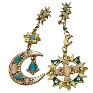 Day N Night Celestial Sun Moon Earrings Gold Tone Drop Dangle Bohemian Jewelry